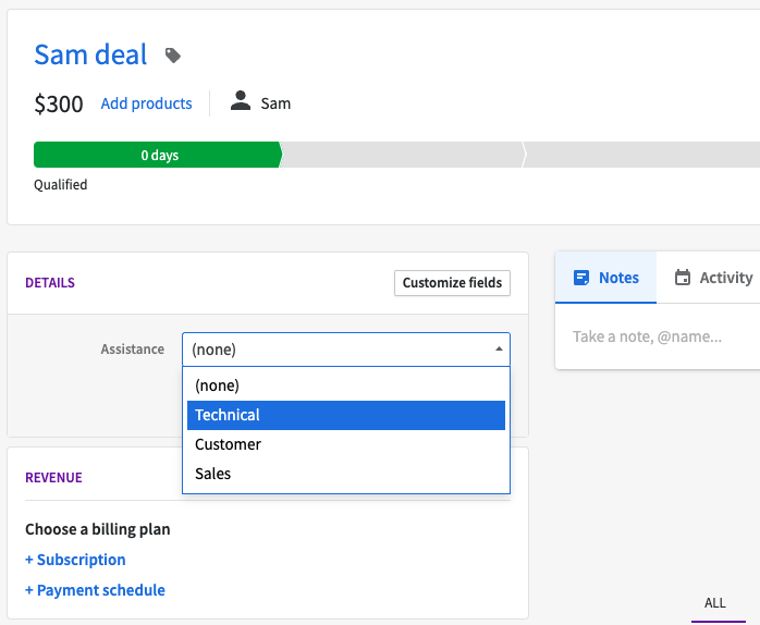 Pipedrive deal with custom field