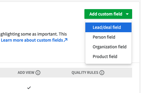 Pipedrive add new data field option