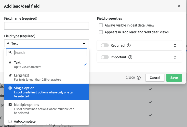 Pipedrive add new data field settings page