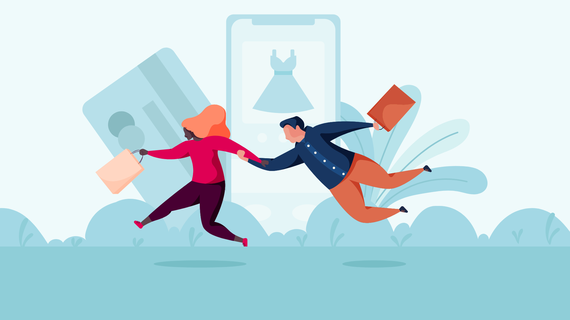 Customers with shopping bags flying around e-shops.