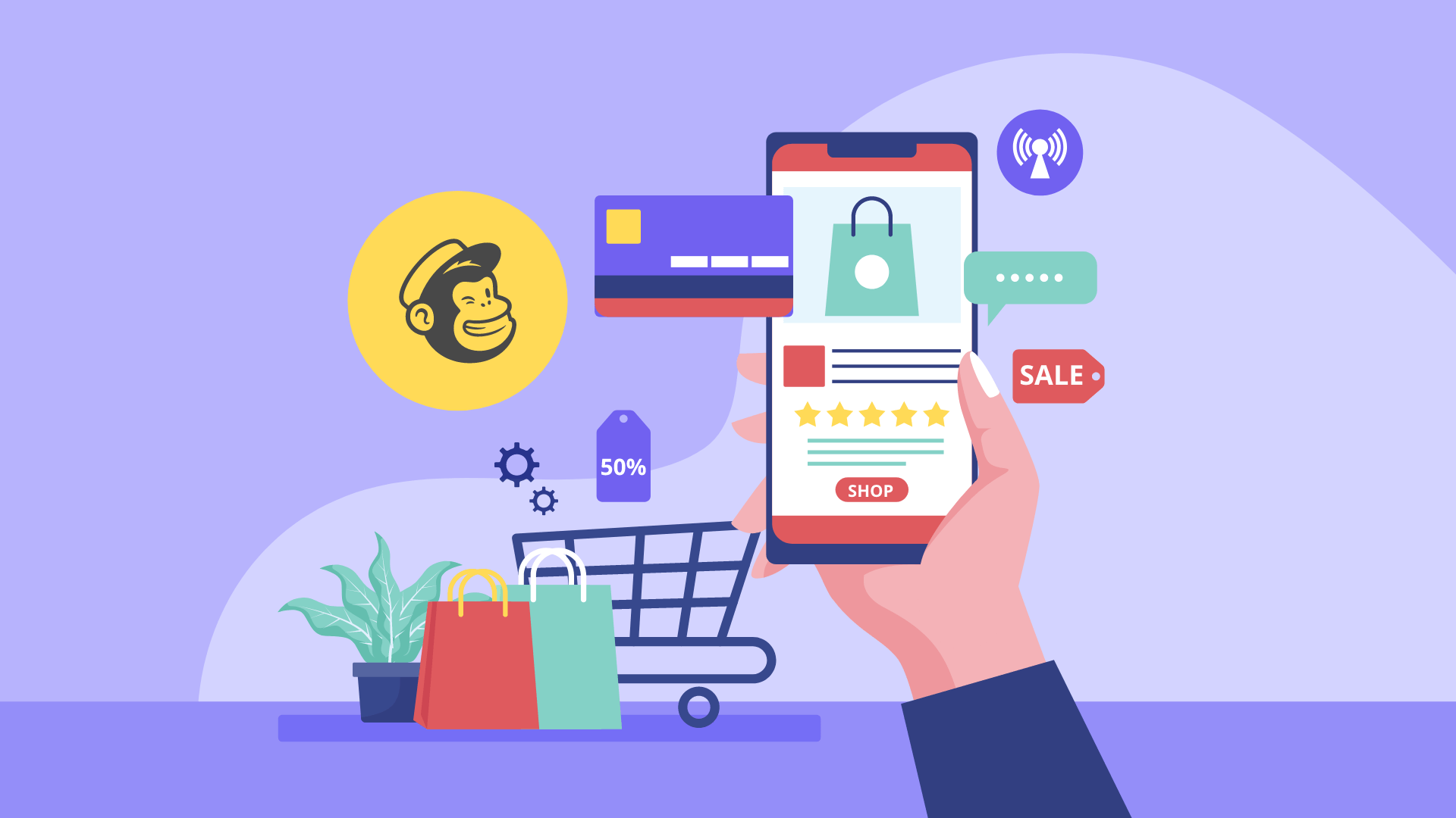 Hand holding a phone showing Mailchimp and Shopify integration.