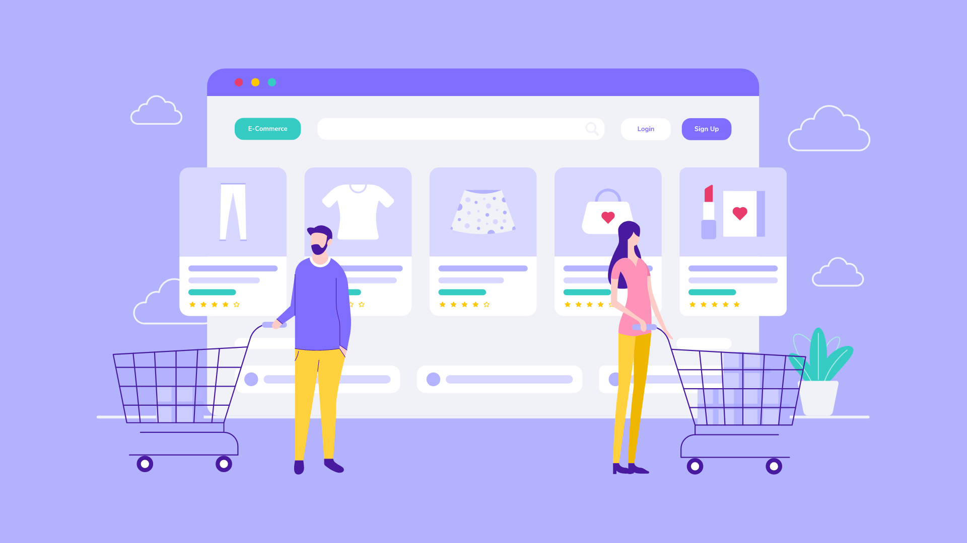 People with shopping carts checking out e-shop offers.