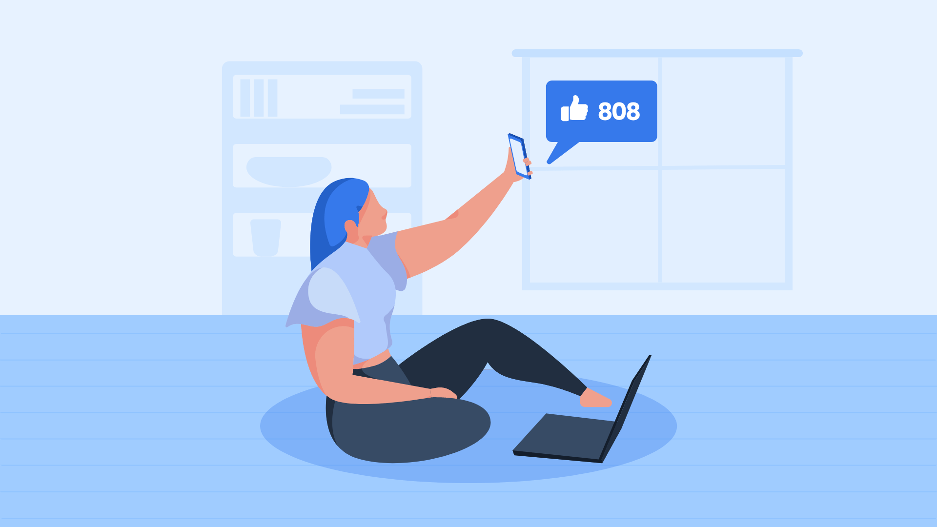 A woman with a laptop getting Facebook likes.