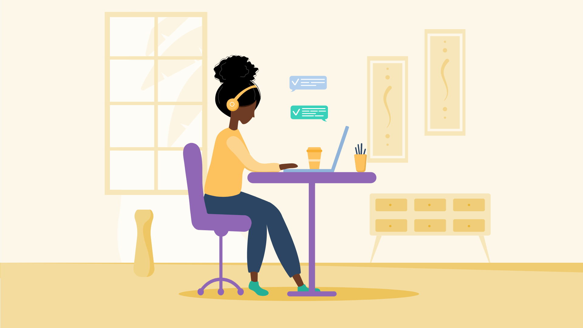 A woman with headphones and laptop working from home.