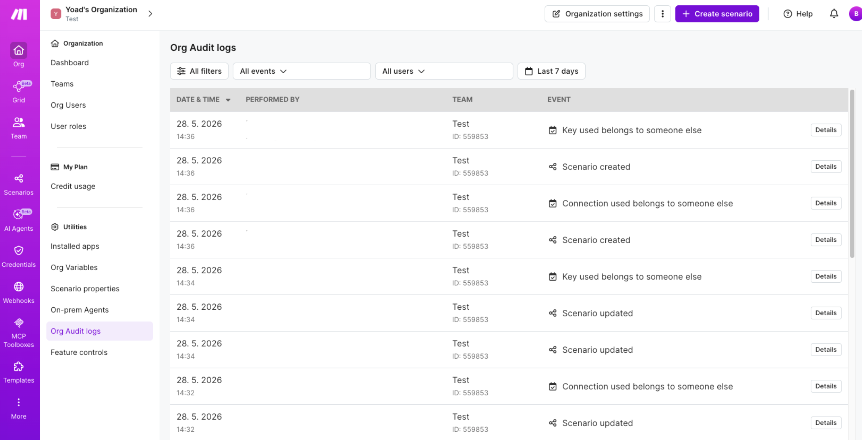 Audit Logs in Make showing identity, access and credential events for admins