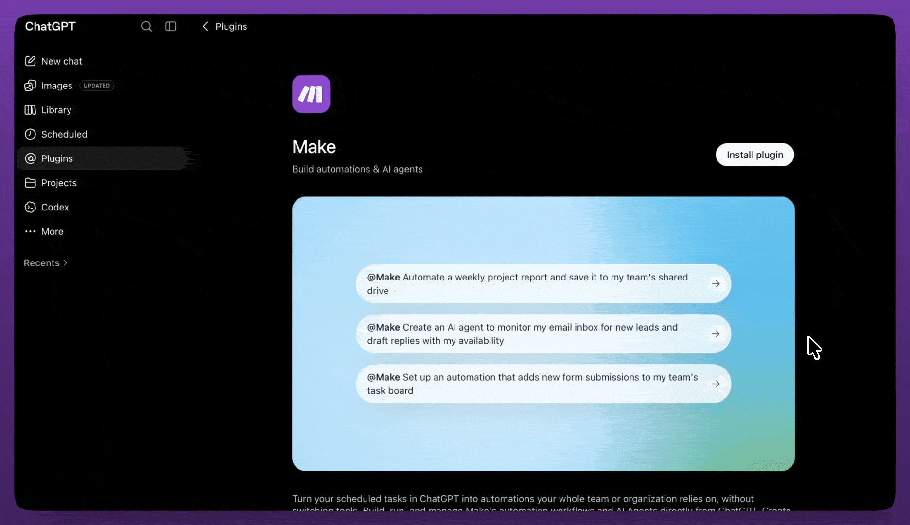 Animation of setting up the Make plugin for ChatGPT