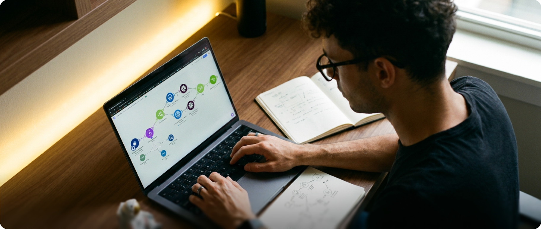 Person building a Make scenario on a laptop