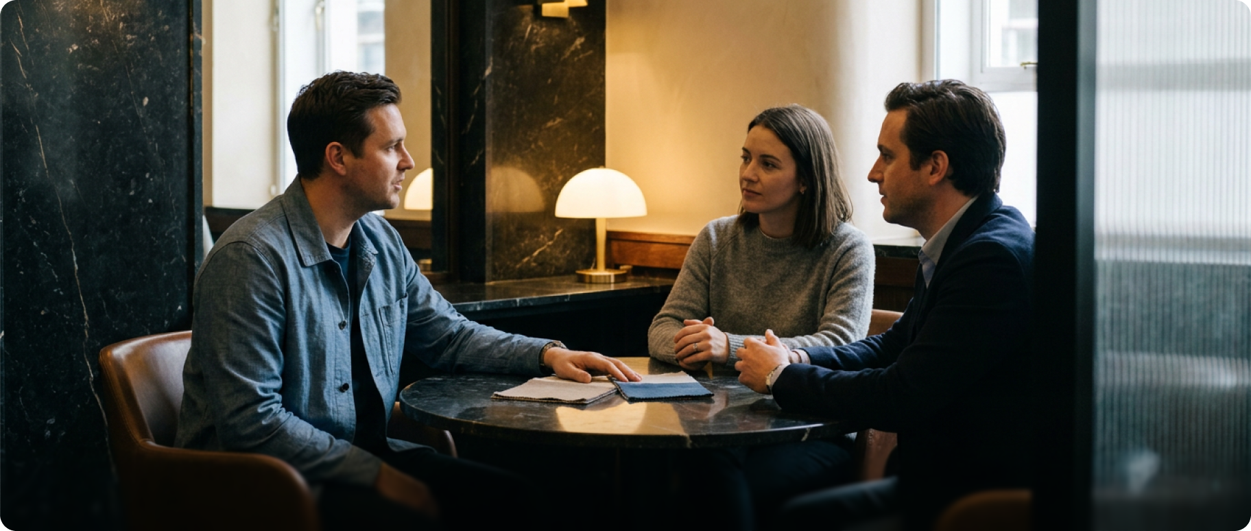 Three colleagues talking at a table