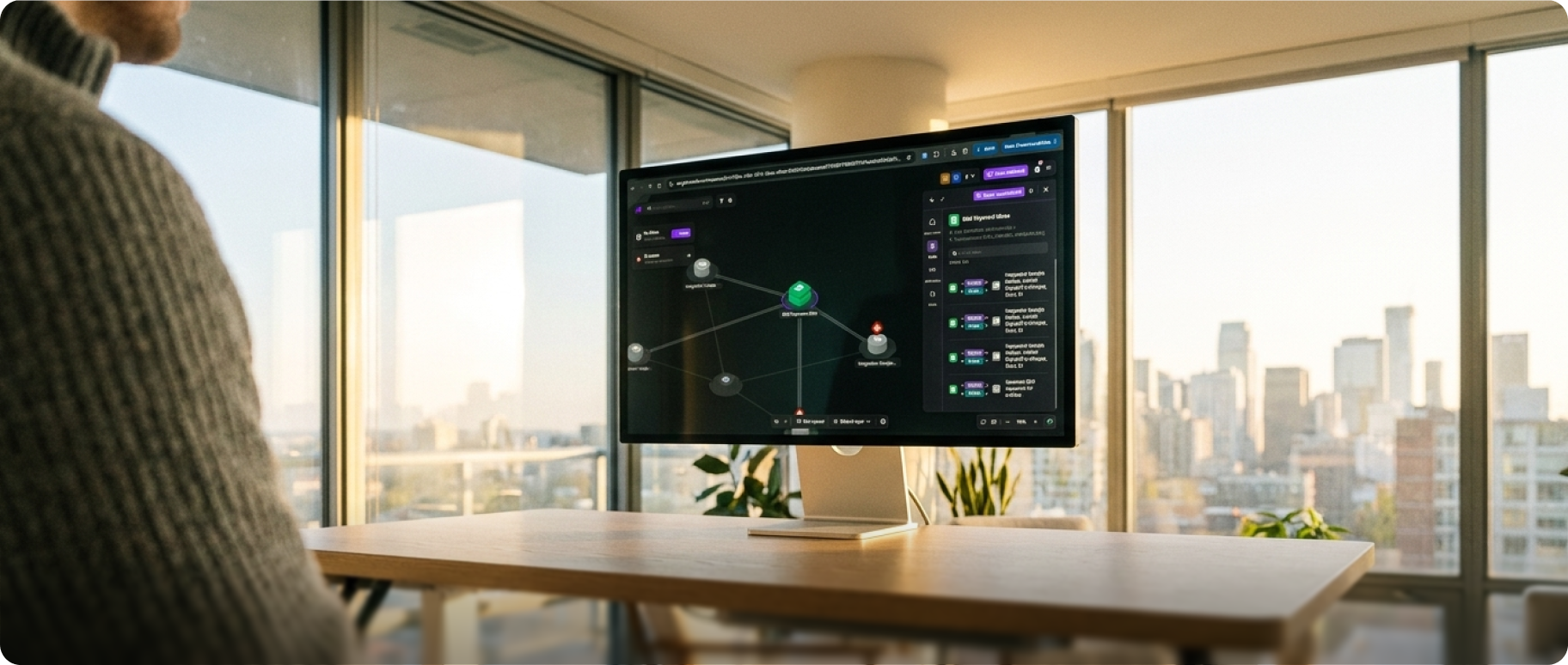 Monitor showing a Make scenario in a sunlit office
