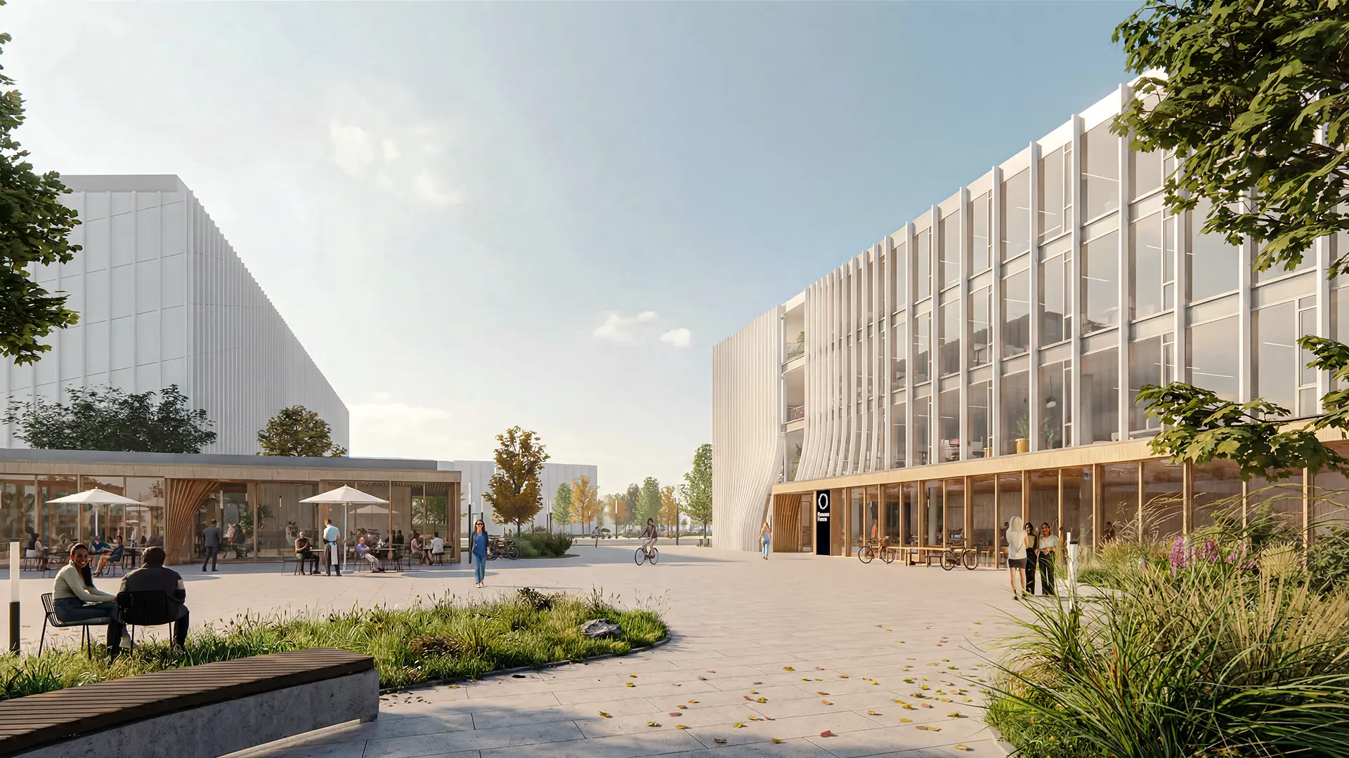 Visualisierung des geplanten Alpha-Geländes in Garching: Menschen auf einem begrünten Platz zwischen zwei hellen Gebäuden.