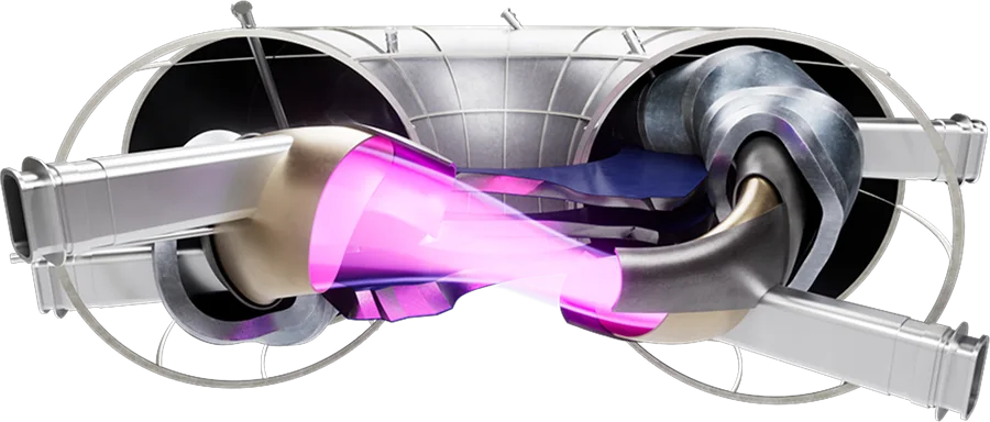 Aufgeschnittene 3D-Darstellung des in Alpha geplanten Stellarators mit pink dargestelltem Plasma im Inneren.