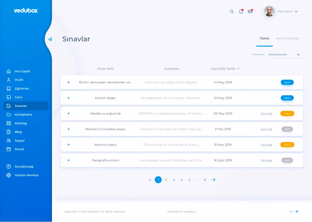 Vedubox Sınav Yönetimi modülü ekranı