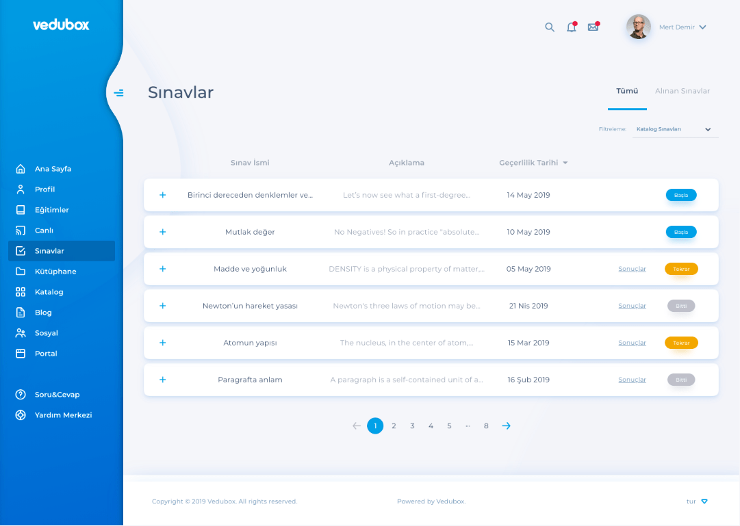 Vedubox Sınav Yönetimi modülü ekranı