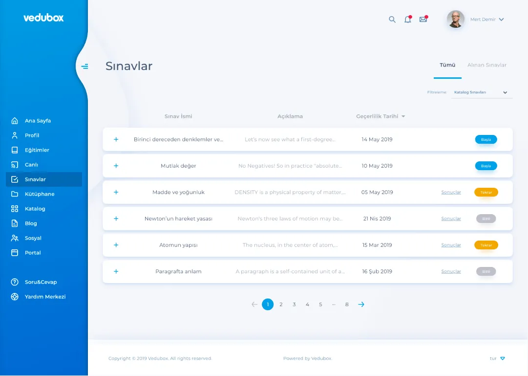 Vedubox Sınav Yönetimi modülü ekranı