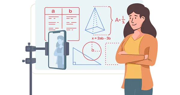 Beyaz tahta önünde ders anlatan eğitmen ve telefonla kayıt alınan online kurs çizimi