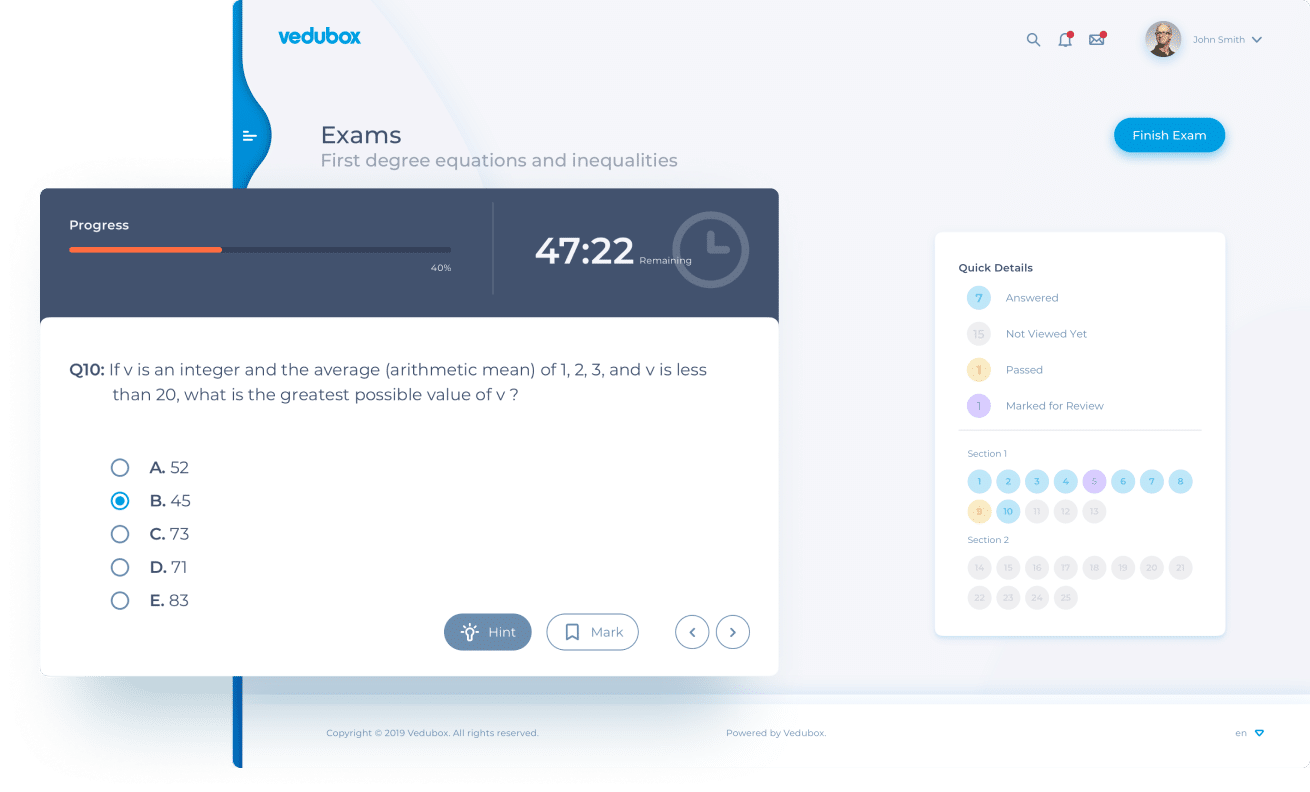 Vedubox online sınav ekranı: kalan süre, soru ve hızlı durum paneli