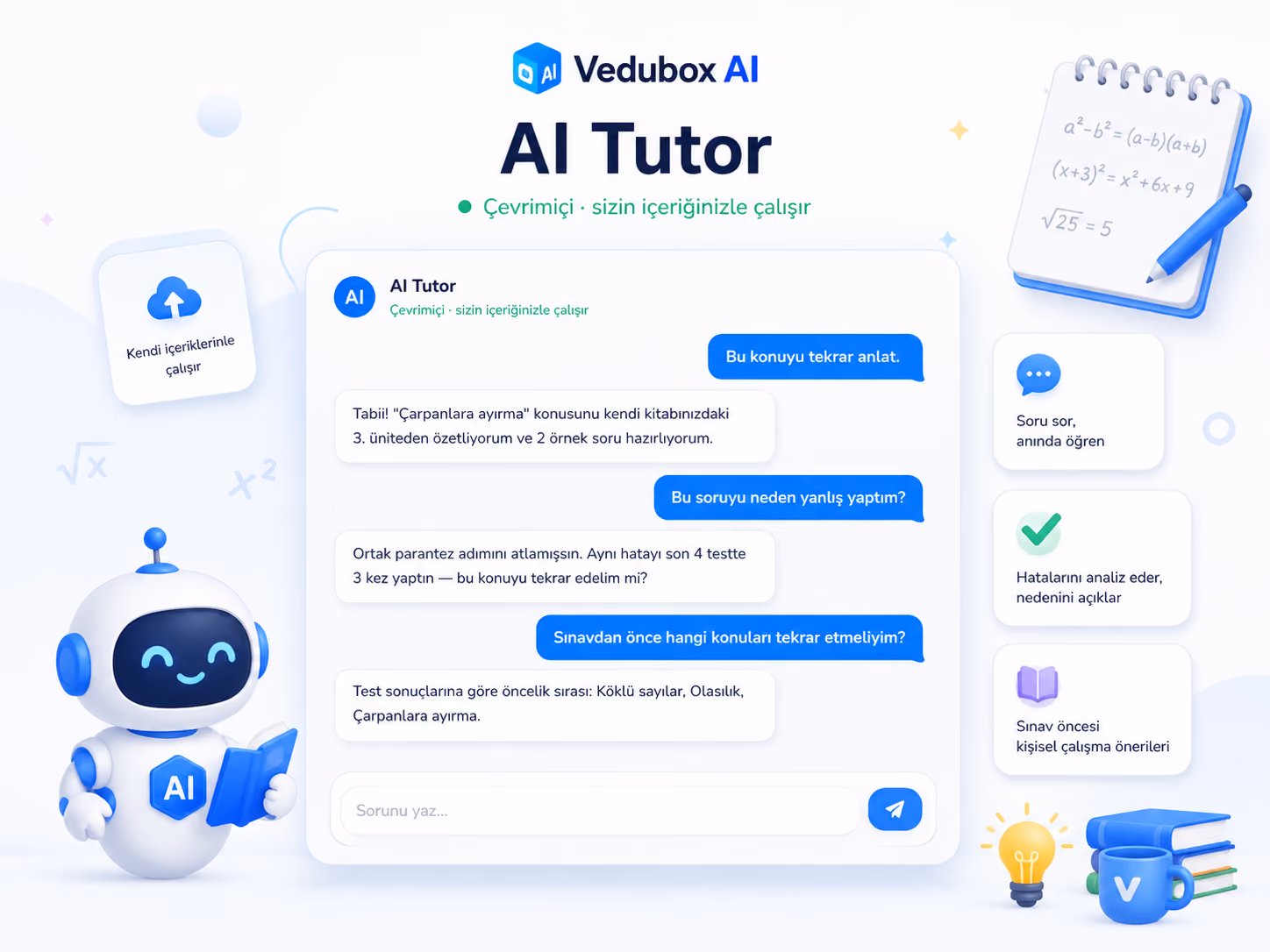 AI Tutor ekranı: öğrencinin sorusuna yayıncının kendi içeriğinden cevap
