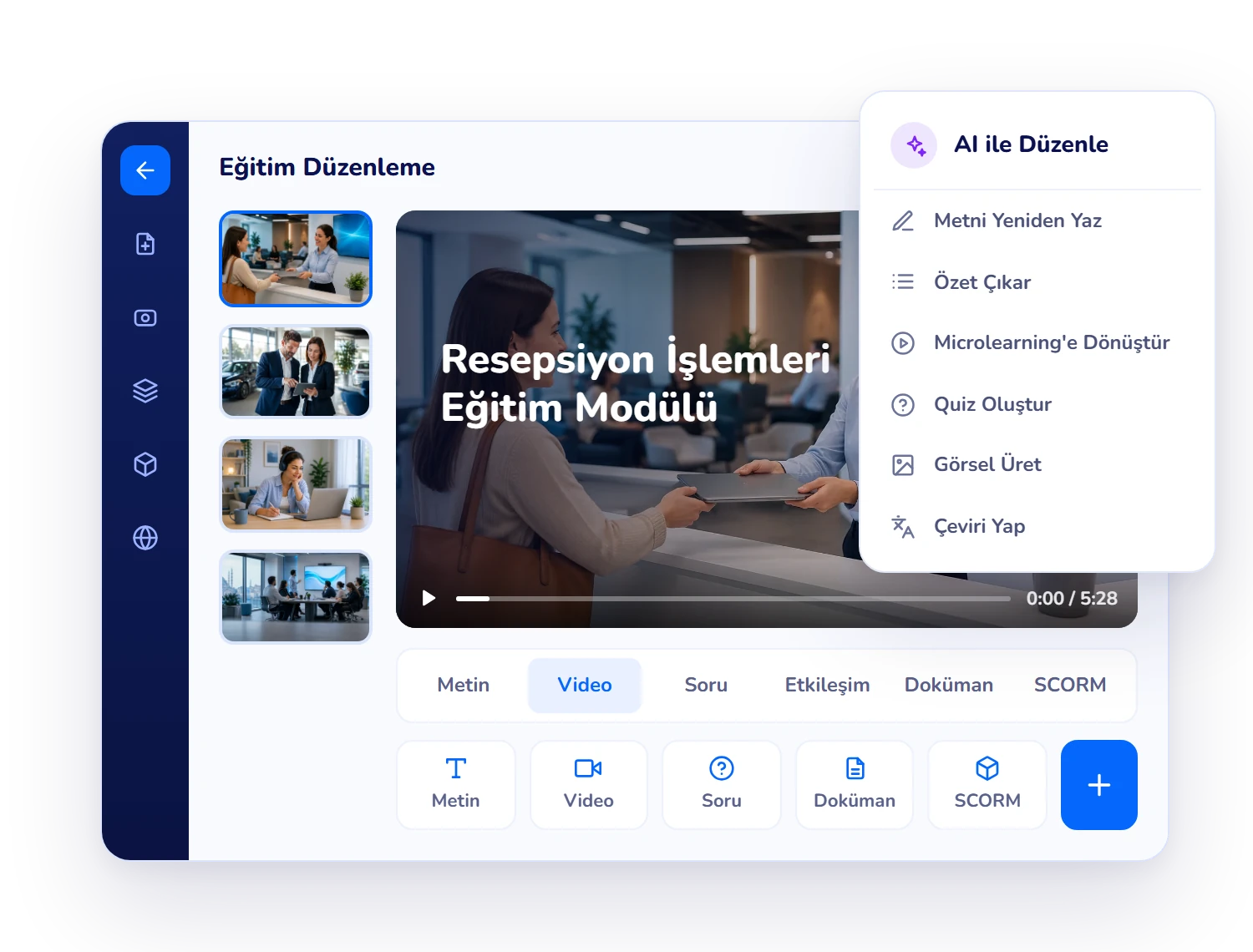 Vedubox AI Content Studio eğitim düzenleme ekranı: video modülü, içerik araçları ve AI ile Düzenle menüsü