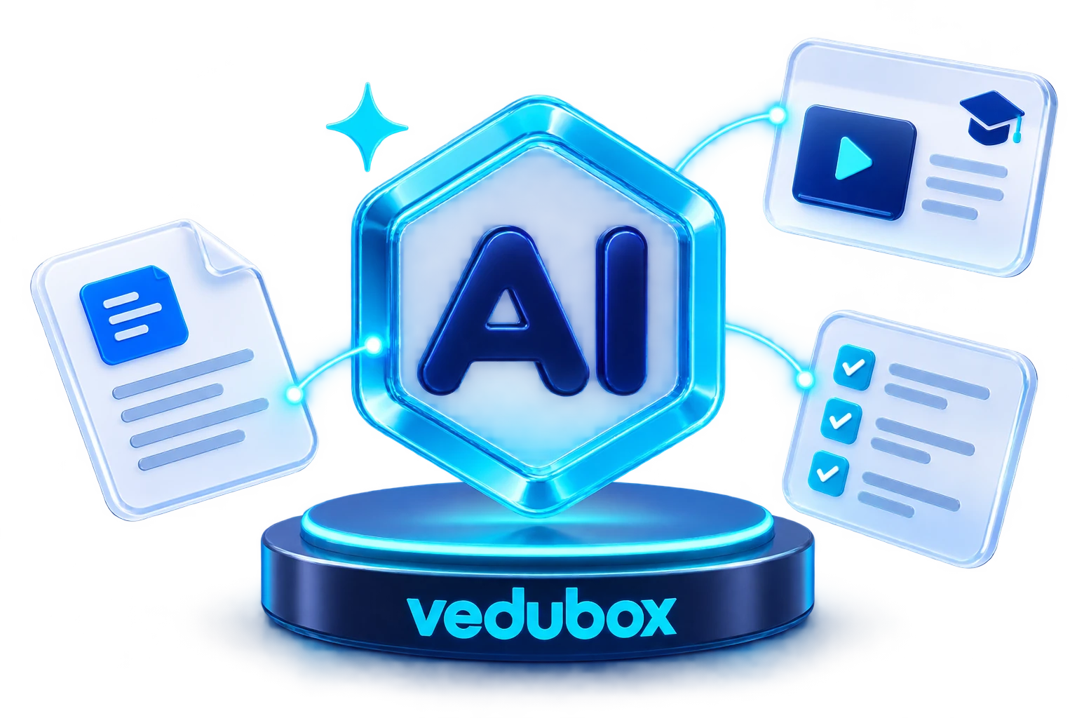 Vedubox AI ile kurumsal dokümanların video eğitimlere ve sınavlara dönüşümünü gösteren turkuaz altıgen AI simgesi