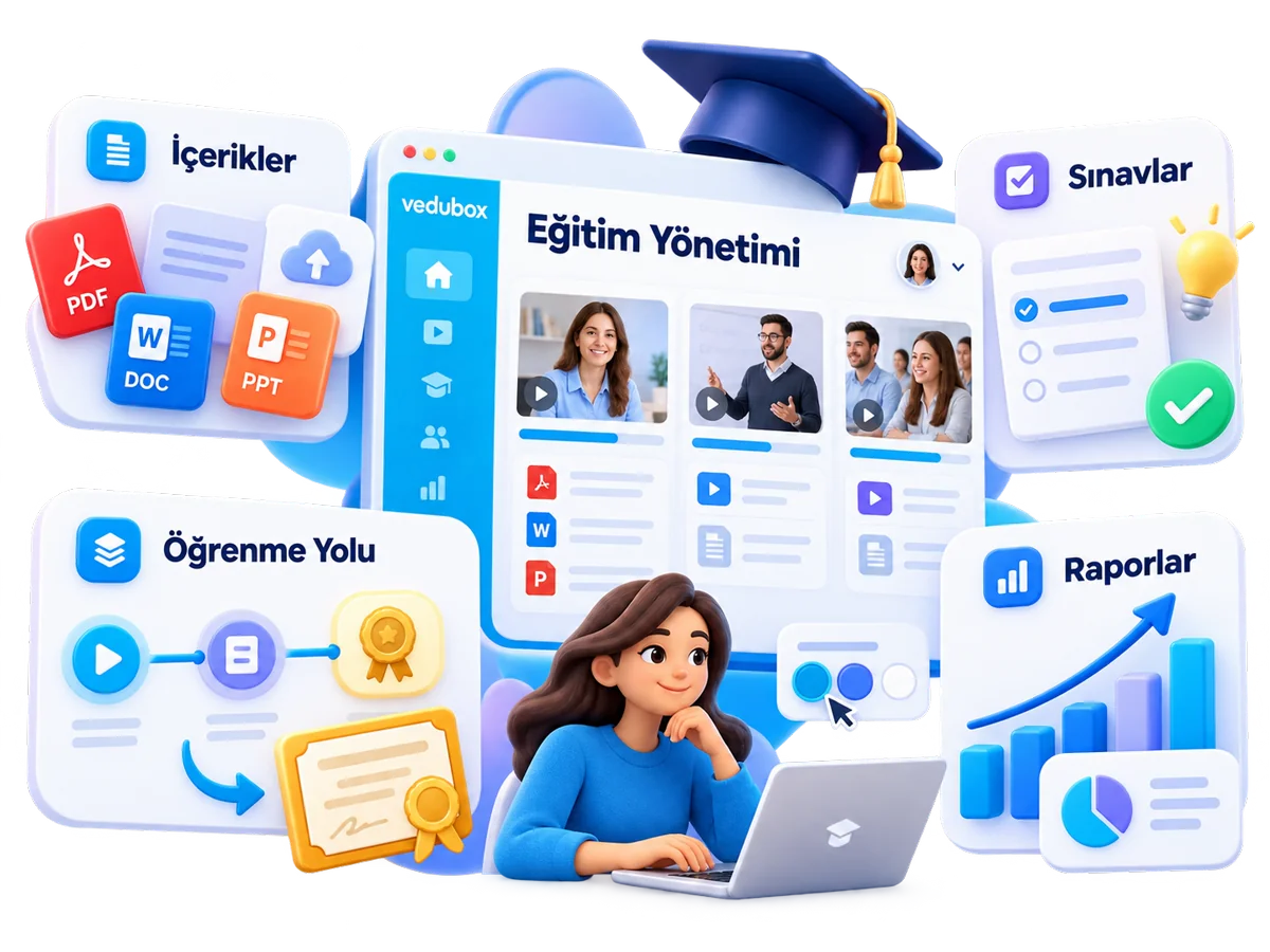 İçerik formatları, sınavlar, öğrenme yolu ve raporlamayı gösteren eğitim yönetimi görseli