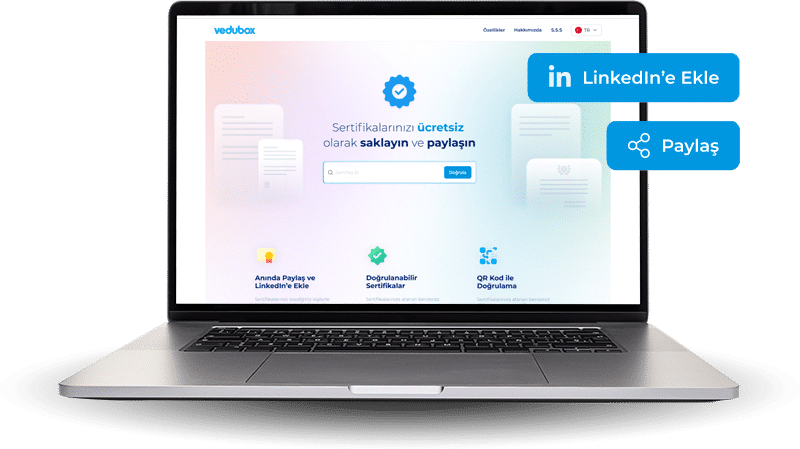 Vedubox Sertifika Yönetimi modülü: sertifikaları doğrulama ve LinkedIn'de paylaşma ekranı