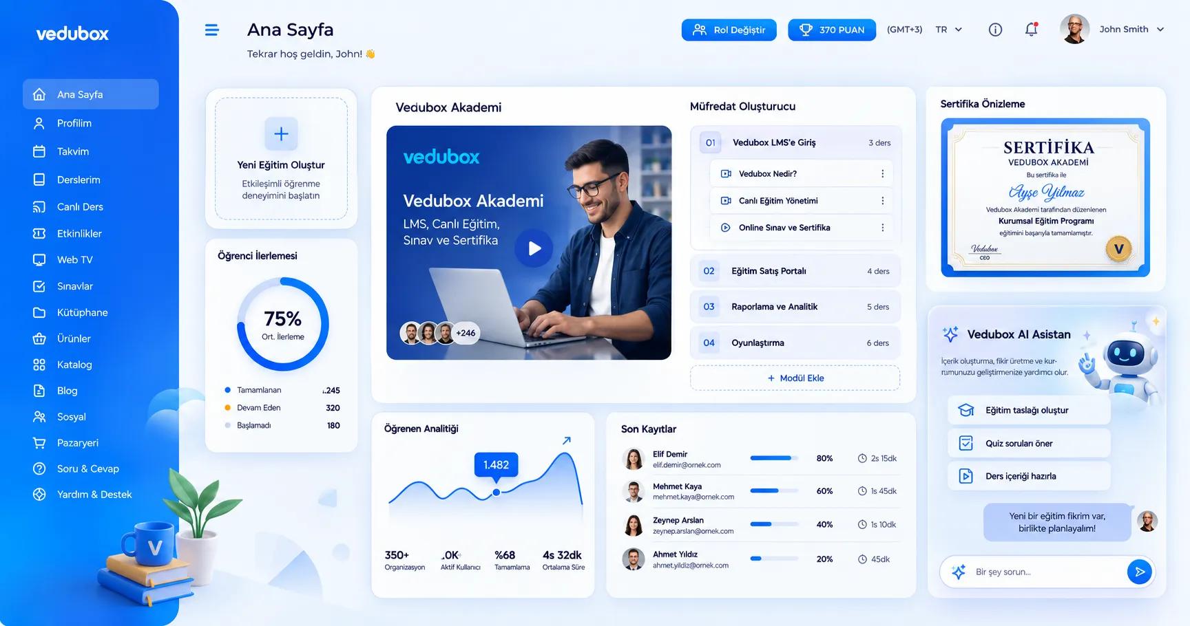 Vedubox panel ana sayfası: duyurular, son kayıtlar ve öğrenci analitiği tek ekranda