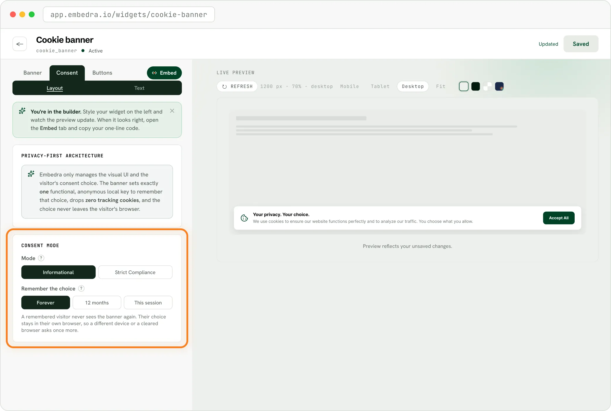 The Embedra builder's Consent panel, choosing Informational or Strict Compliance and how long to remember a choice