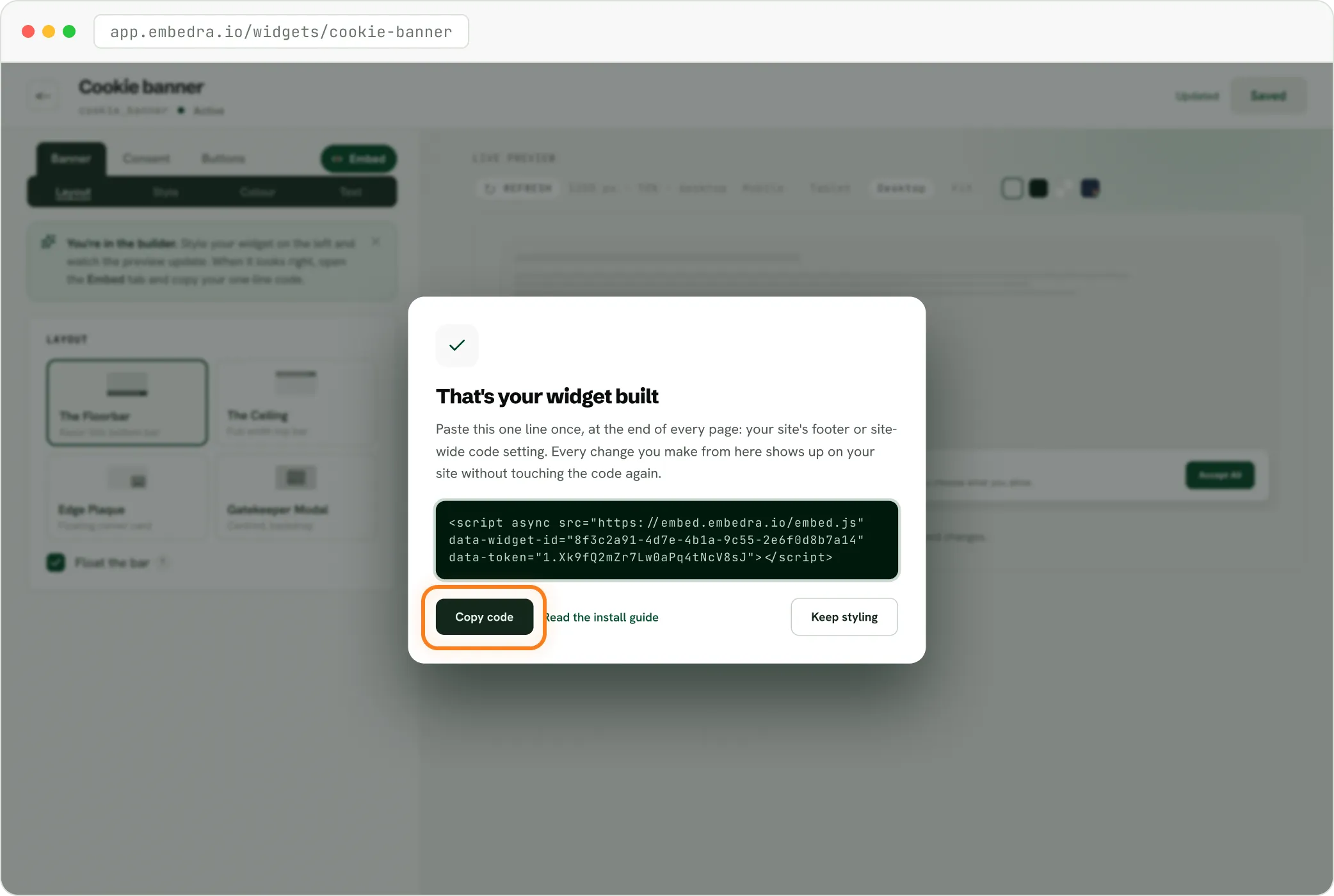 The Embedra builder after saving a cookie banner, with the one line of code ready to copy