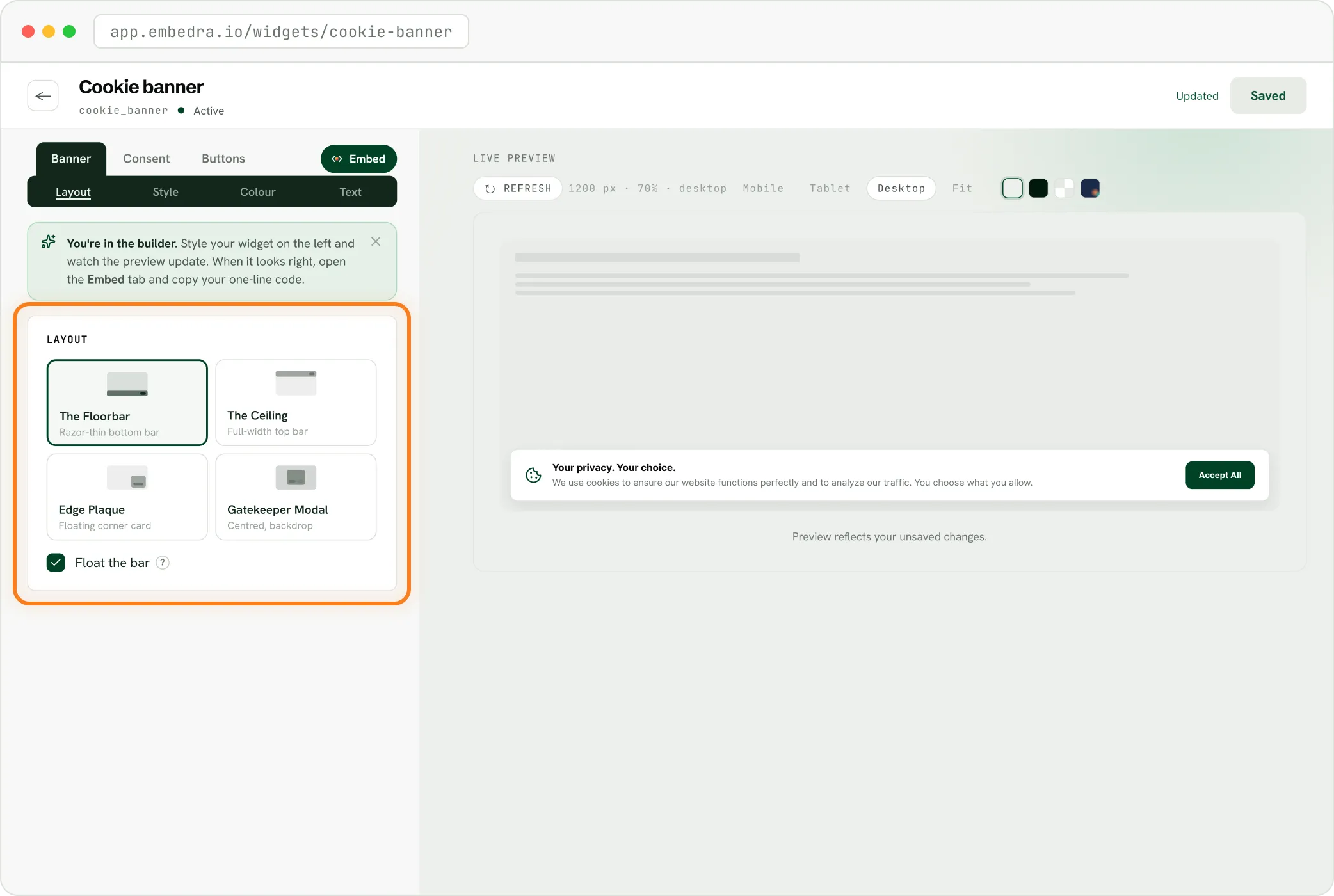 The Embedra builder with a new cookie banner open, choosing where it sits: Floorbar, Ceiling, Edge Plaque or Gatekeeper Modal