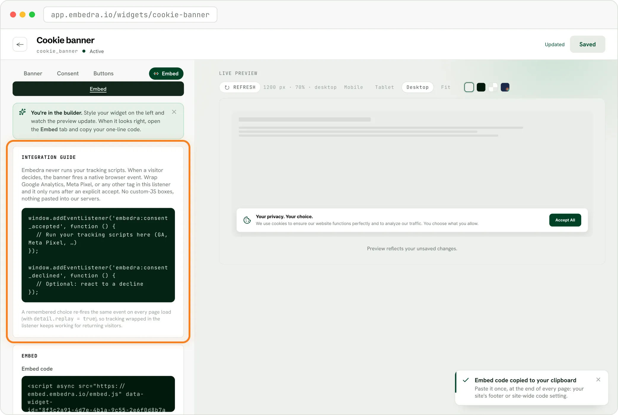 The Embedra builder's Embed tab with the integration guide for Google Analytics and the Meta Pixel