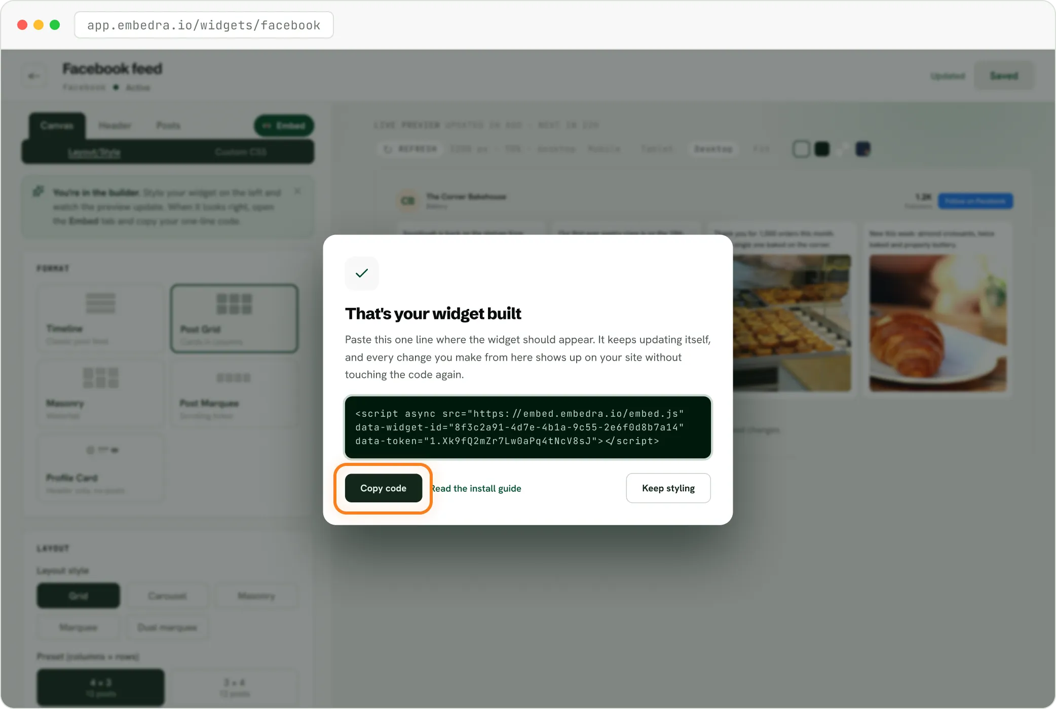 The Embedra builder after saving a Facebook feed, with the one line of code ready to copy