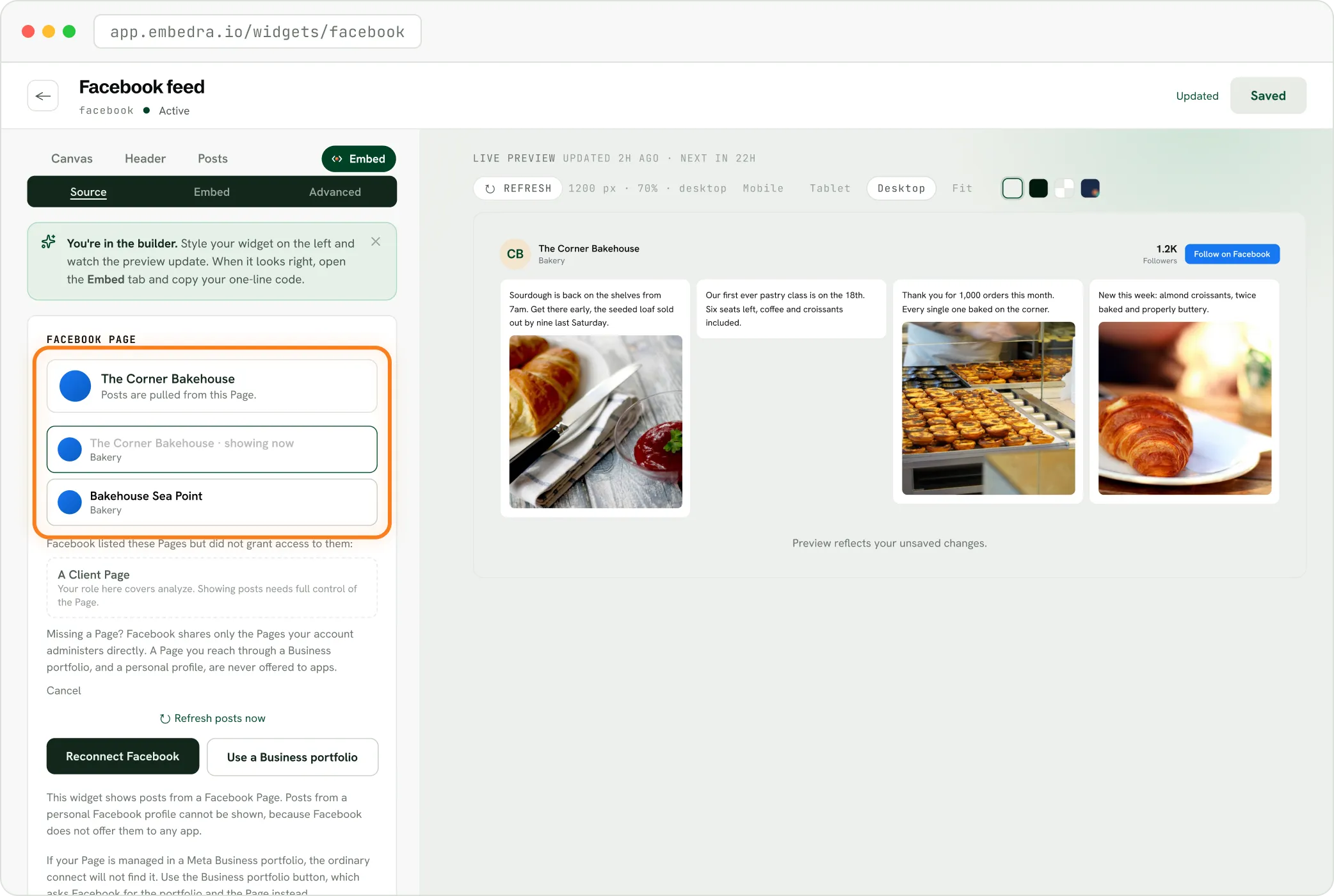 The Embedra builder listing your Facebook Pages after connecting, ready to choose one