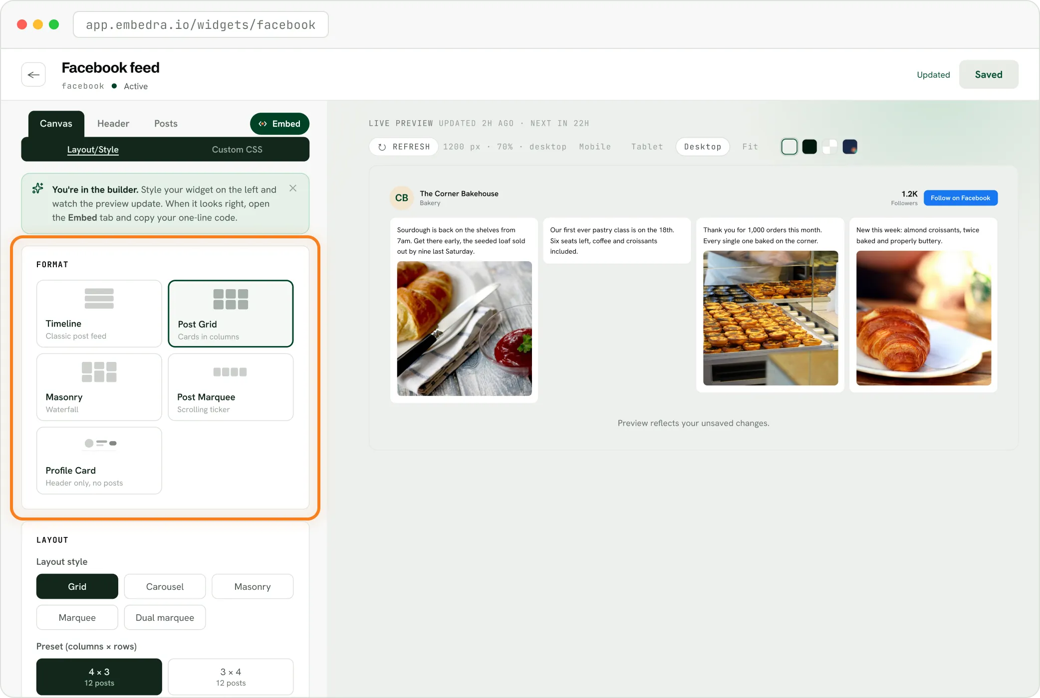 The Embedra builder's layout step for a Facebook feed, choosing Timeline, Post Grid, Masonry, Post Marquee or Profile Card