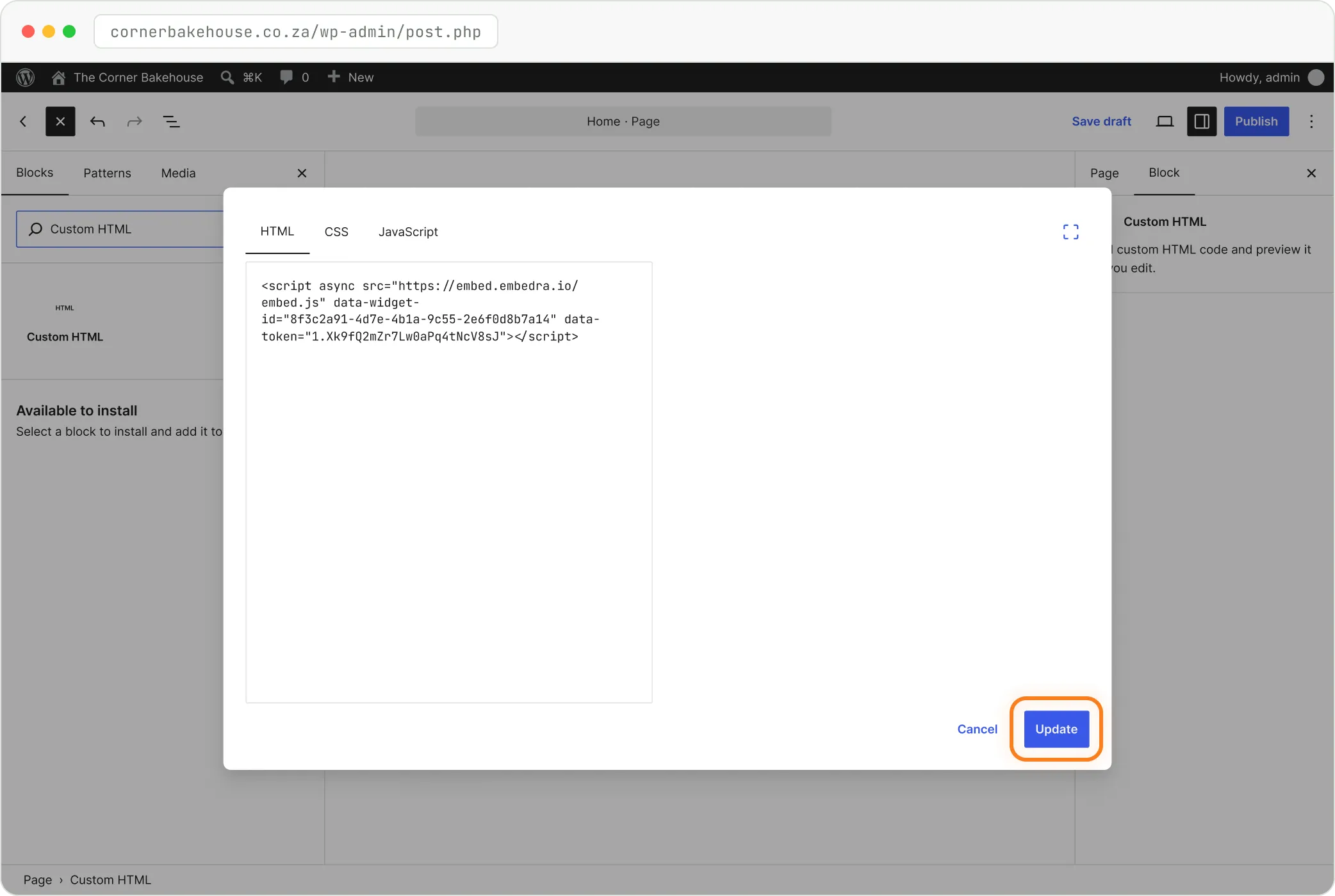 WordPress block editor with the Embedra line pasted into a Custom HTML block's HTML tab