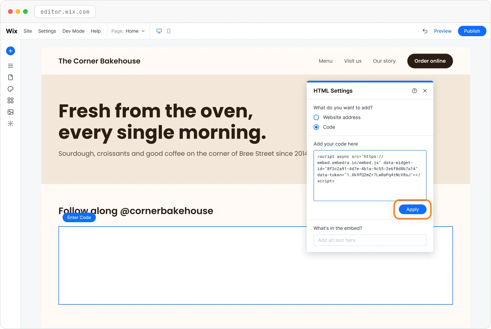 Wix Editor's Embed HTML box with Code chosen and the Embedra line pasted in