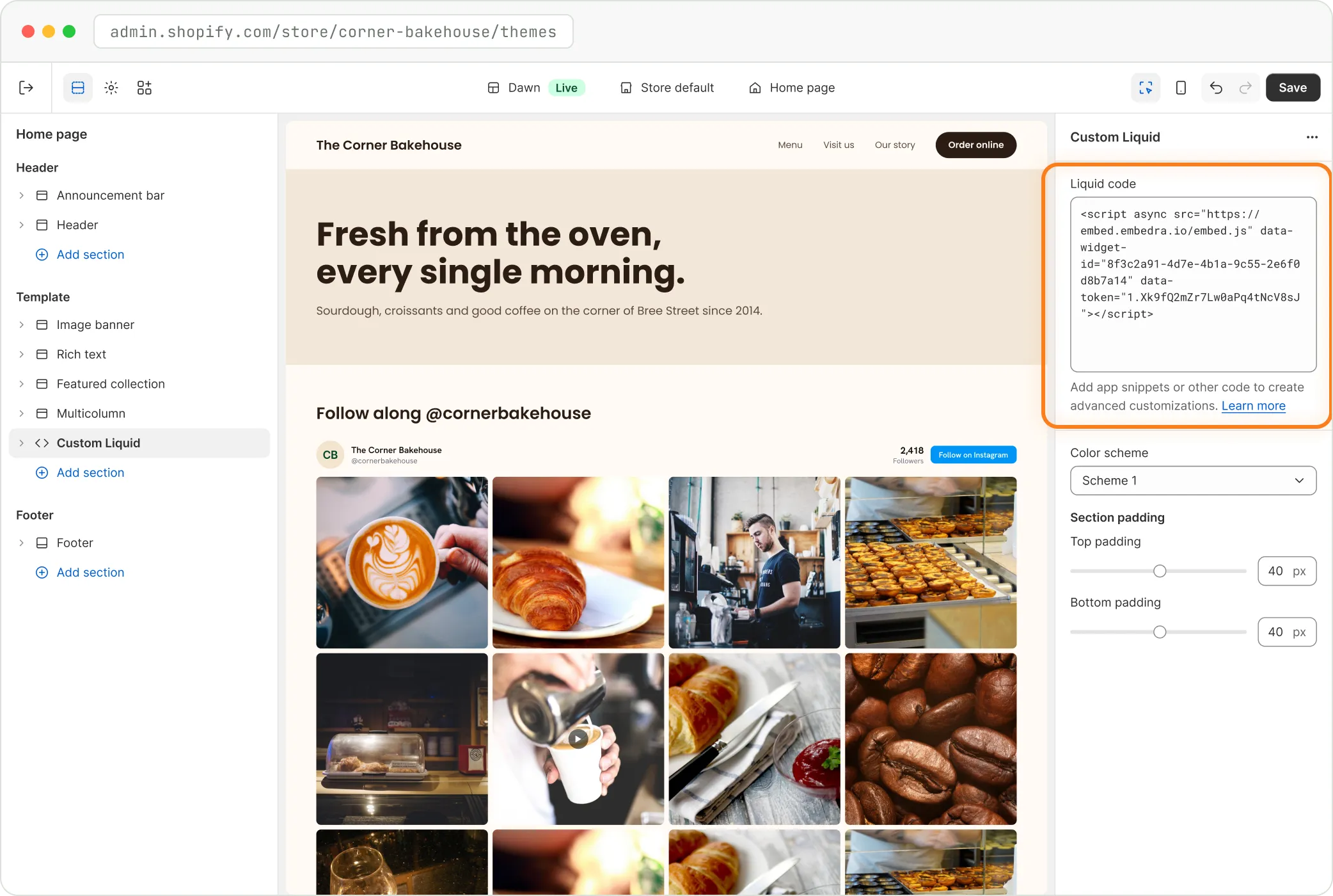 Shopify theme editor with the Embedra line pasted into a Custom Liquid section
