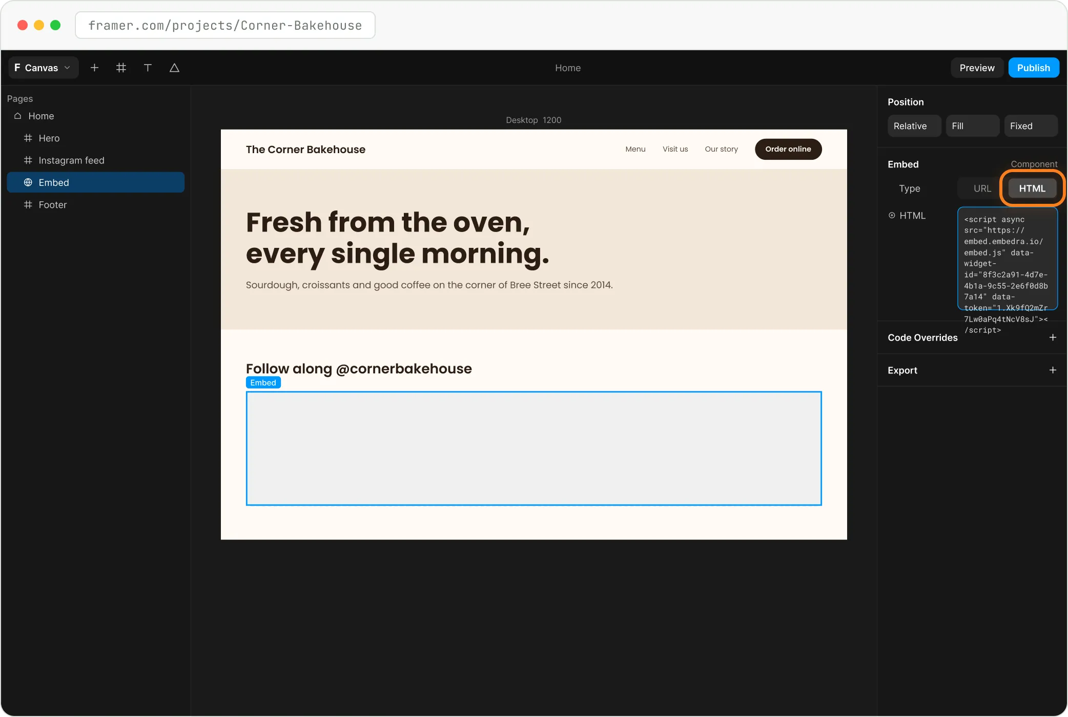 Framer's Embed panel with Type switched to HTML and the Embedra line pasted in