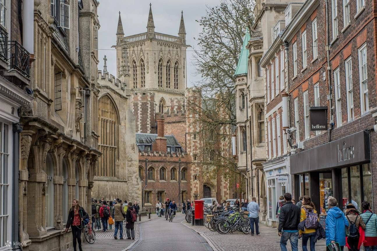 Historic college buildings on a Cambridge street