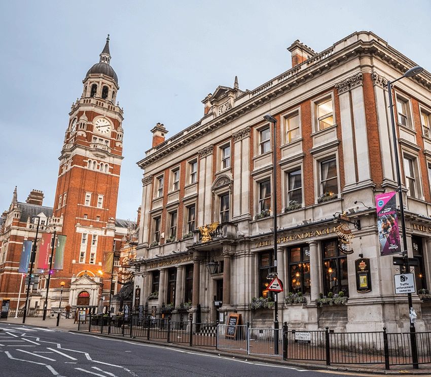 Croydon Town Hall clock tower and Victorian buildings