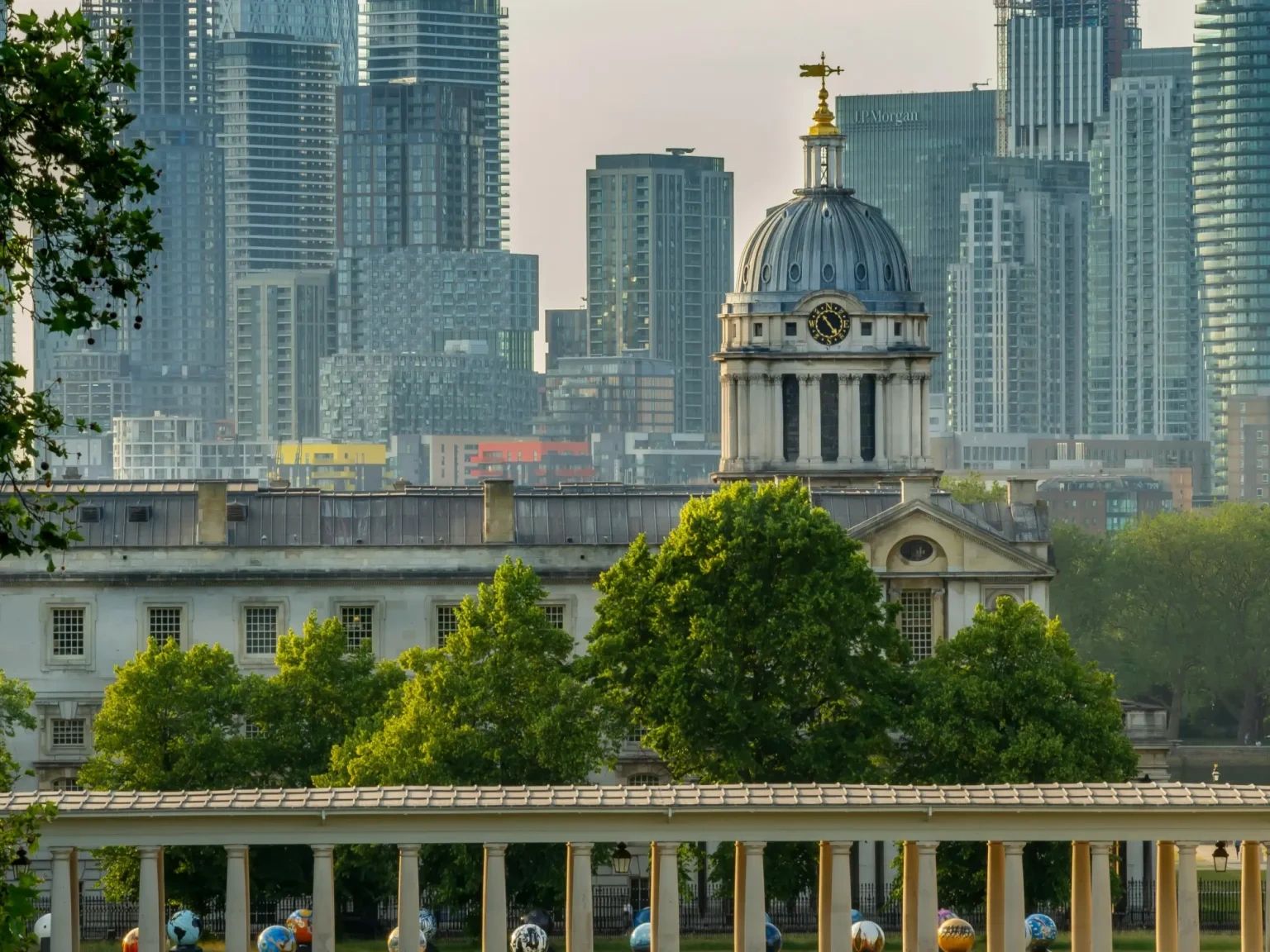 Old Royal Naval College in Greenwich with Canary Wharf behind