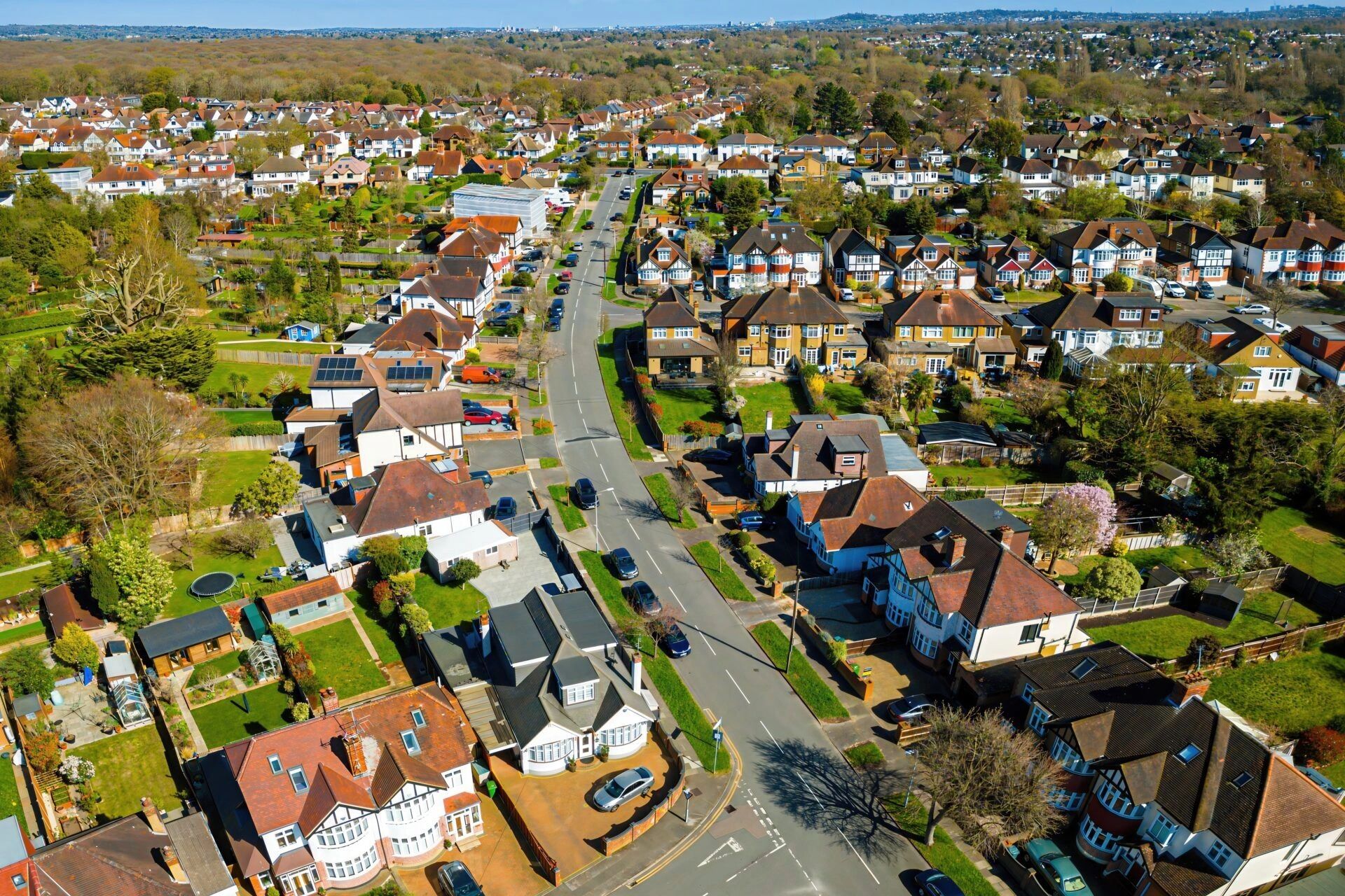 Aerial view of suburban houses and streets in Hillingdon