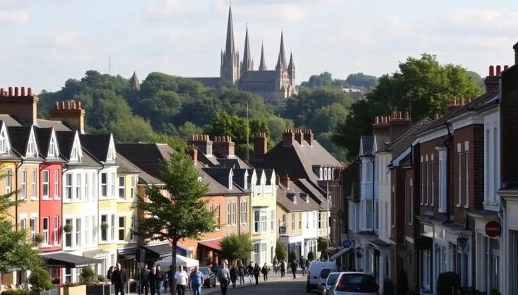 Terraced houses with a church spire behind in Hounslow