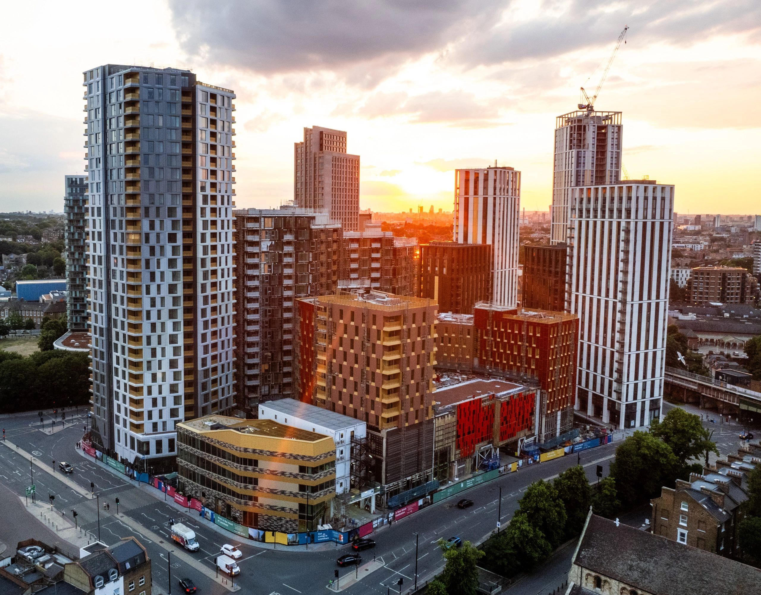 New high-rise residential towers in Lewisham at sunset