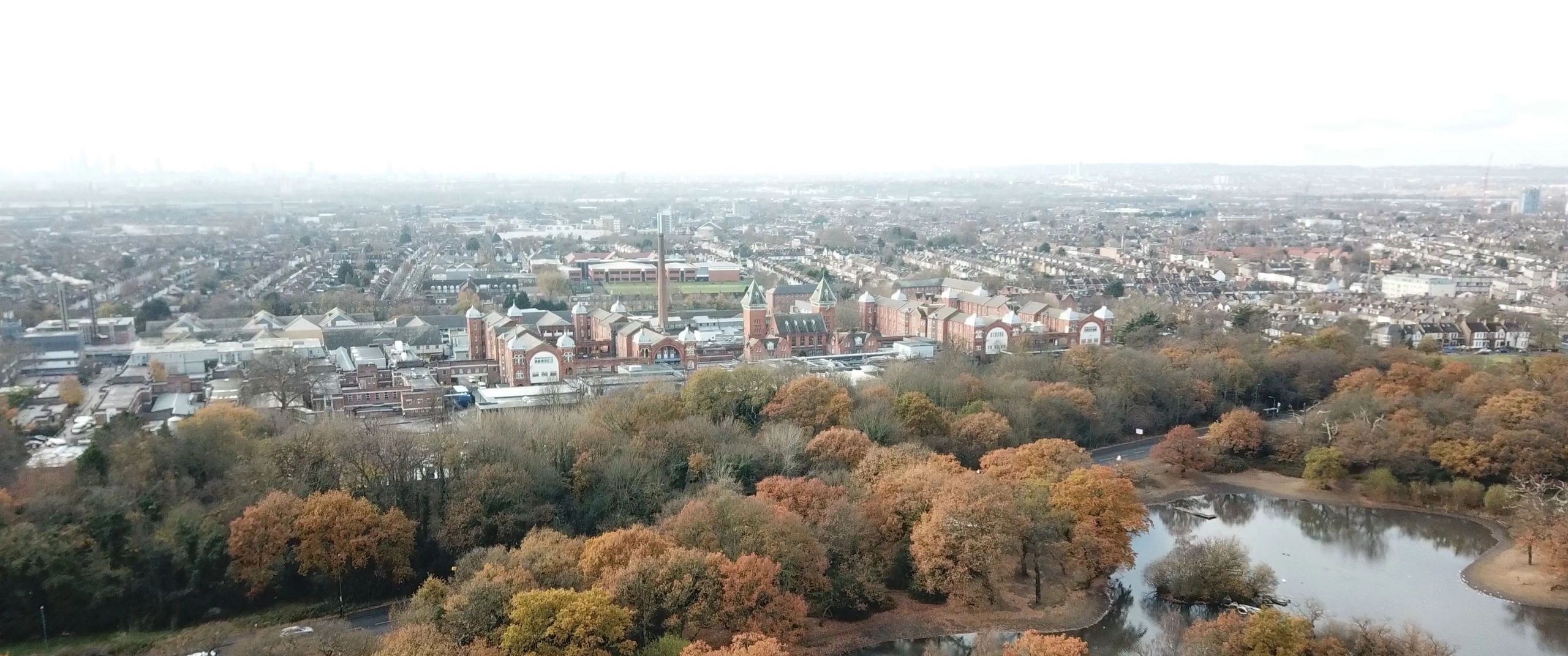 Aerial view over reservoirs and woodland in Waltham Forest
