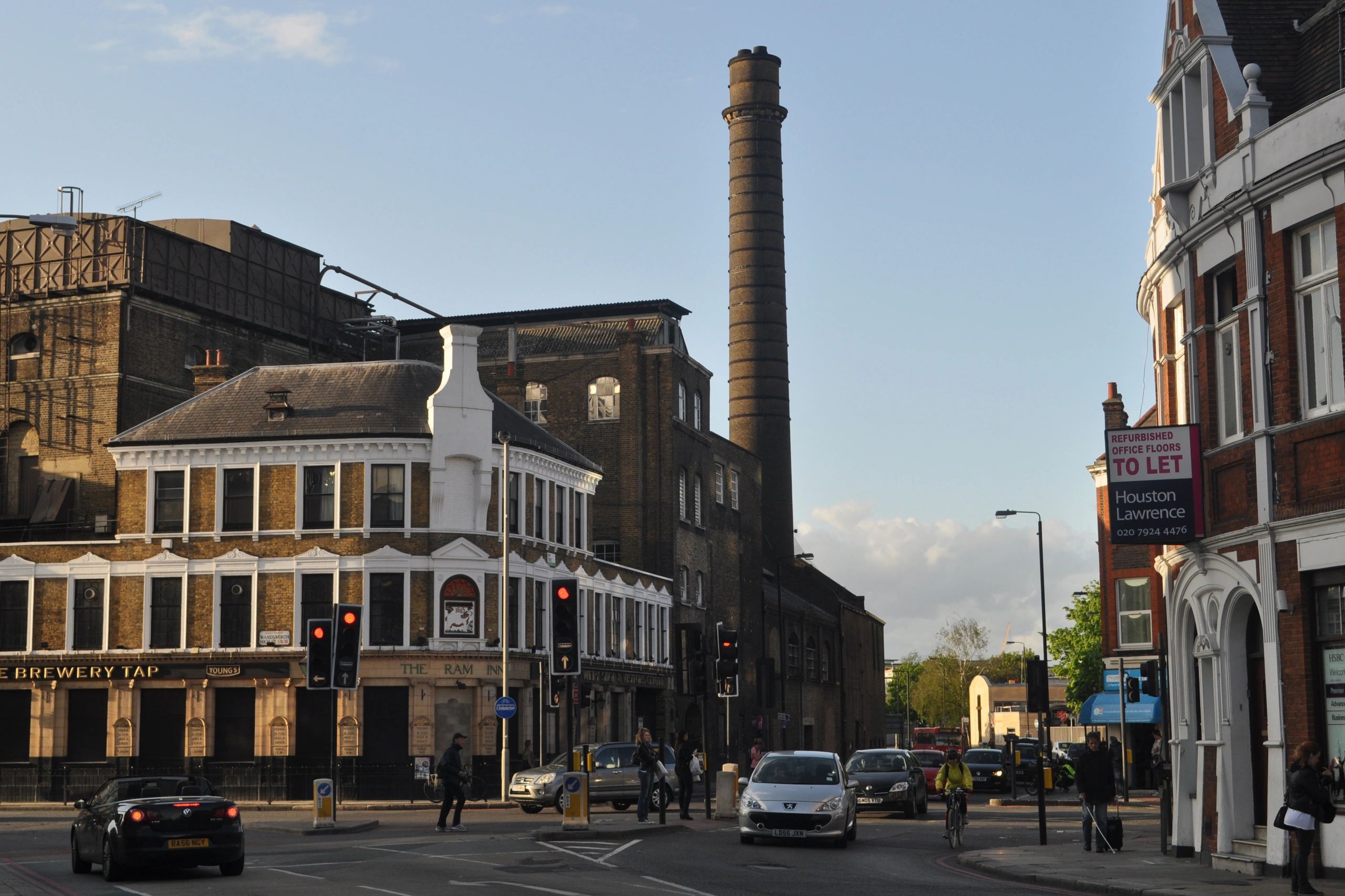 Historic brewery chimney and buildings in Wandsworth
