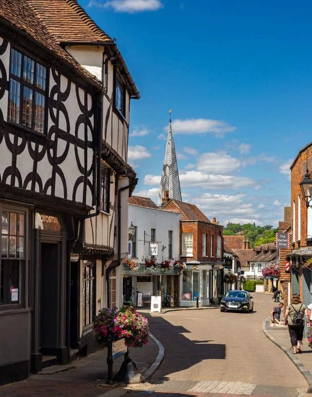 Tudor-style buildings on a high street in Waverley, Surrey