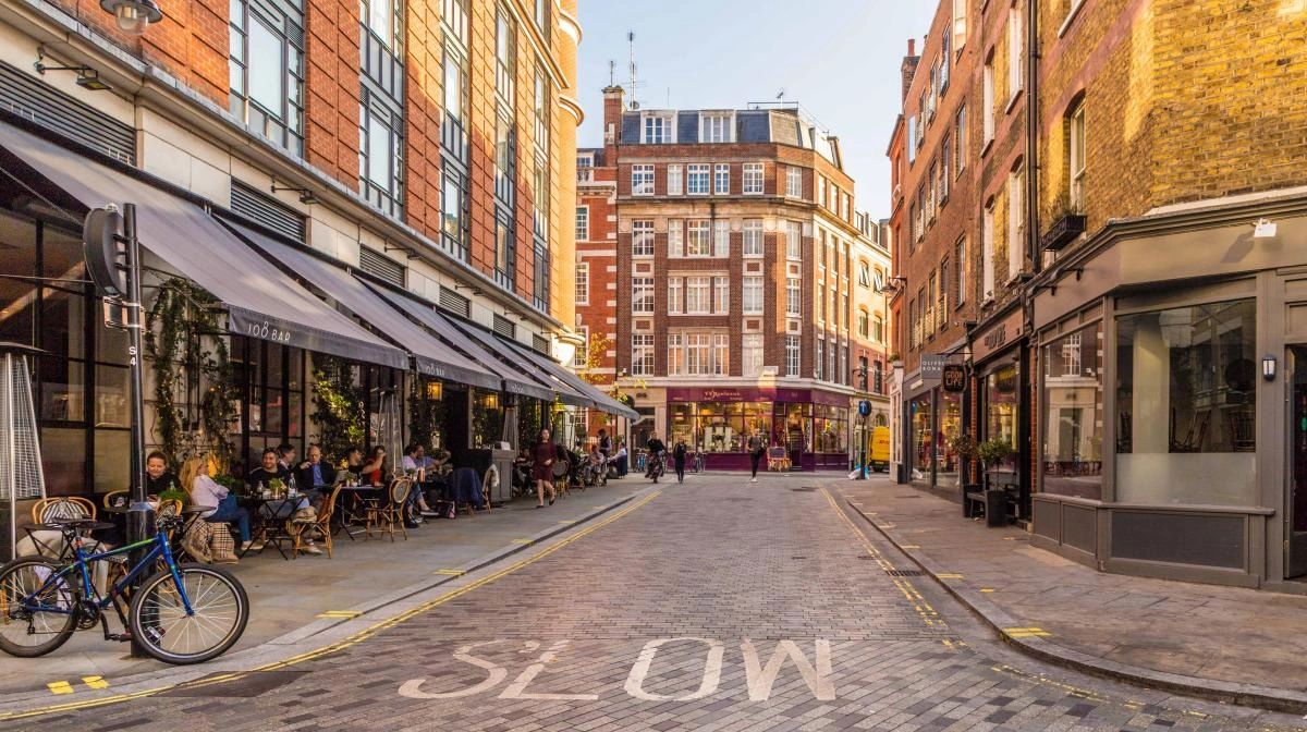 Street of shops and cafés in Westminster