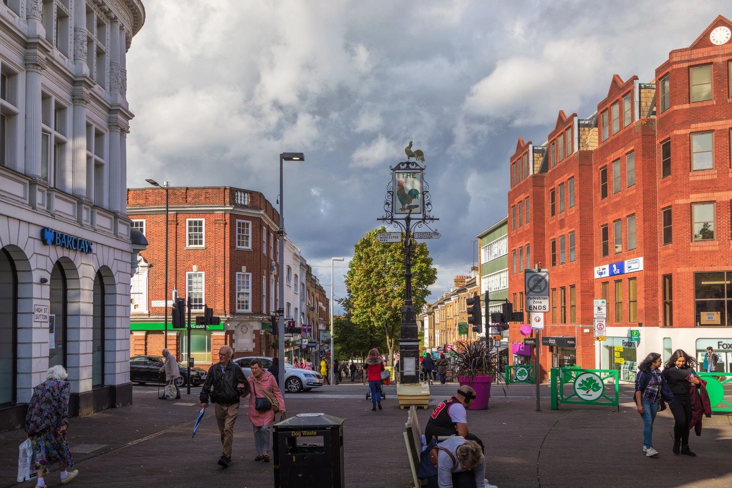Sutton High Street with shops and pedestrians