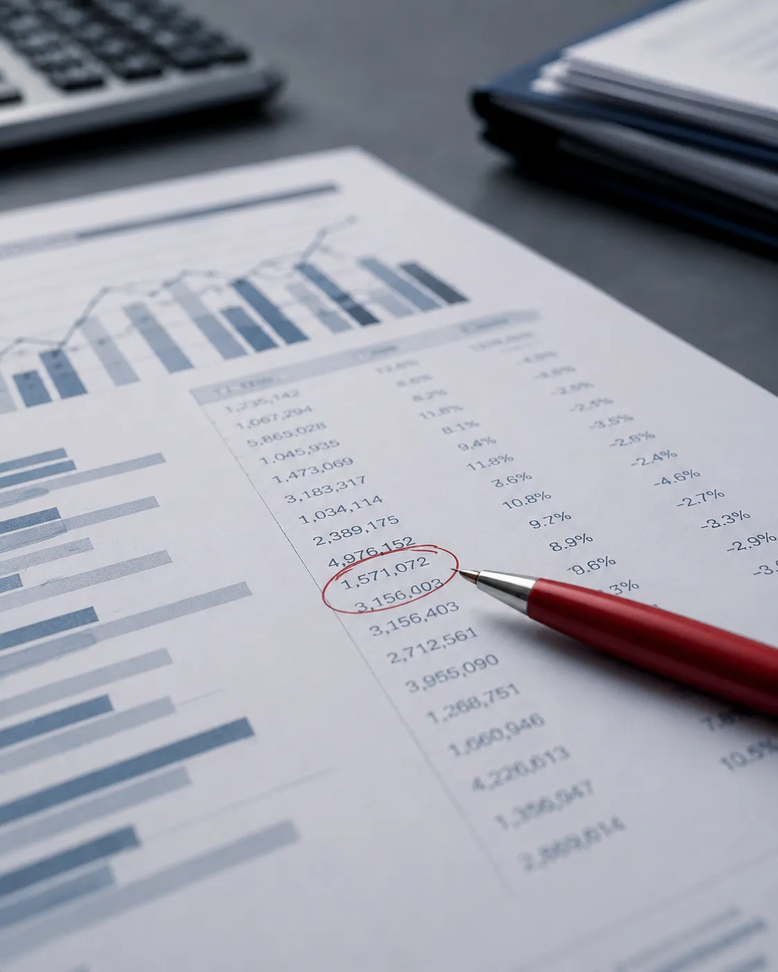 Finansijski izveštaj sa označenim brojevima i kalkulatorom
