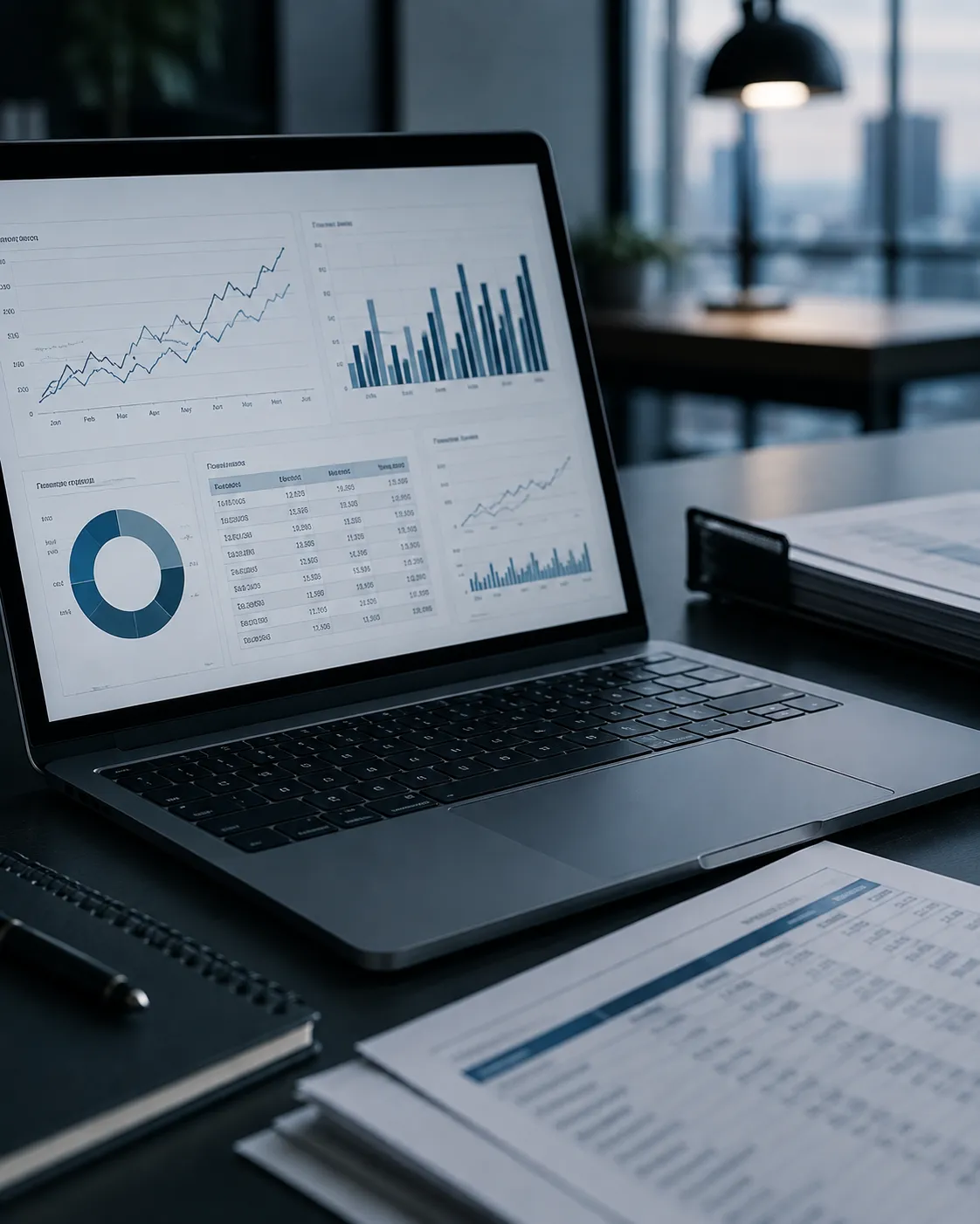 Laptop sa finansijskim dashboardom na radnom stolu